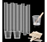 Bhina 100 Pcs 30ml Verre Doseur Plastique Gobelet Mélangeur en Plastique Tasses à Mesurer Graduée Tasses Transparent avec 100 Touillette Bois pour Art Artisanat Moulage Peinture Cuisine Résine Époxy