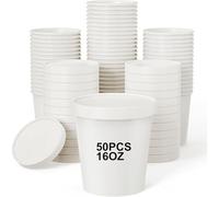 Bhina 50 Pièces 16 OZ Tasses à Soupe Jetables avec Couvercle, Gobelets à Soupe à Emporter, Tasses à Soupe Carton, Gobelets en Papier à Glace, pour Micro-Ondes et Aliments Surgelés (Couvercle Blanc)