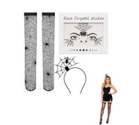 BHIPKOT Ensemble Costume Araignée Lot 3 : Collant Filet Noir + Couronne + Strass Visage. Ajustement Secure, Tissu Respirant. Confort Absolu Pour Danser Longtemps Cosplay