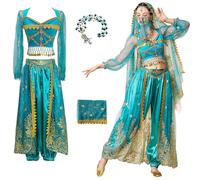 bi bi hou Femmes Costume de Princesse Jasmine Déguisements Aladdin Princesse Costume avec Accessoires Costumes de Danse du Ventre Noël Fête Halloween Carnaval Cosplay Costume pour Adulte