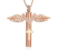 BIAIHQIE Collier Urne Cendres Aile d'ange Cylindre Bijou de Crémation Pendentif Souvenir en Acier Inoxydable Collier Mémorial pour Femmes et Hommes - Rose