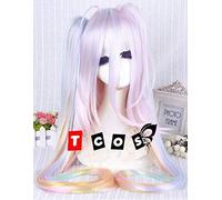 Biamoxer 110 cm Anime pas de jeu pas de vie Shiro longue queue de cheval multicolore résistant à la chaleur Cosplay perruques violet Cosplay Costume tenue XL perruque seulement