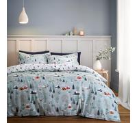 Bianca Parure de lit réversible en Coton brossé avec Housse de Couette et taies d'oreiller Motif scène d'hiver Bleu Super King