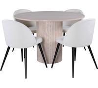 BiancaROWW ensemble table, table chêne plaqué blanc washed et 4 Velvet chaises Velours côtelé beige, noir.