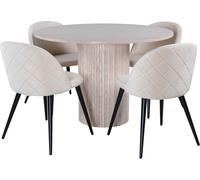 BiancaROWW ensemble table, table chêne plaqué blanc washed et 4 Velvet Stitches chaises Velours beige.