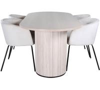 BiancaWW ensemble table, table chêne plaqué blanc washed et 4 Berit chaises Velours beige.