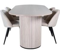 BiancaWW ensemble table, table chêne plaqué blanc washed et 4 Velvet Stitches chaises Velours beige.