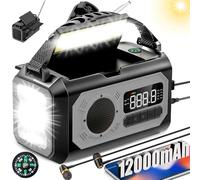 BIAOQINBO 12000mAh AM/FM Radio Solaire avec Manivelle, 2 Panneaux Solaires, Câble USB,3 Méthodes de Chargement,Alarme SOS,Lampe de Poche,Chargeur de Téléphone, Boussole,Prise pour Casque D'écoute
