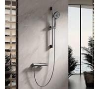 BiaoTeng Kit Barre de Douche avec Pommeau Ronde 3 Modes eau Chaude et Froide Laiton Ensemble Pommeau de Douche et Barre Gris