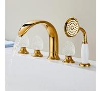 BiaoTeng Kit Robinet Baignoire 5 Trous Rotatif à 360° eau Chaude et Froide Robinet de Baignoire Cascade avec Douchette Laiton Or