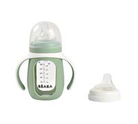 BÉABA, Tasse/Biberon d'apprentissage 2 en 1, En Verre, Housse Silicone, Solide, Sain, 100% Etanche, Poignées amovibles, 210ml, Vert sauge