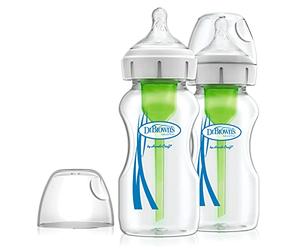 Biberon en verre à col large Dr. Brown's Natural Flow Anti-Colic Options+, 9 oz/270 ml, avec tétine à débit lent de niveau 1, paquet de 2 (l'emballage peut varier)