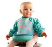 Bibetta Ultrabib,Bavoir de sevrage avec manches,Bavoirs imperméables pour bébé avec poche ramasse-miettes pour nourrir les tout-petits et les bébés,S'enroule et lavable en machine (flamants roses)