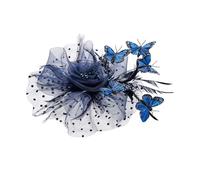 Bibi bleu marine avec rubans en maille et plumes sur un bandeau et un papillon, pour mariage, cocktail, fête et goûter