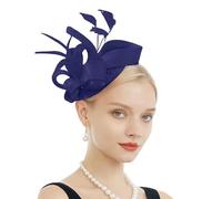 Bibi en plumes pour femme - Accessoire de mariage avec fleurs artificielles - Style années 1950 - Pour carnaval, cocktail, thé, mariage (bleu marine, taille unique)