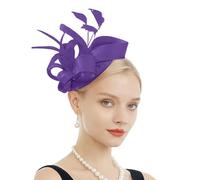 Bibi en plumes pour femme - Accessoire de mariage avec fleurs artificielles - Style années 1950 - Pour carnaval, cocktail, thé, mariage (violet, taille unique)
