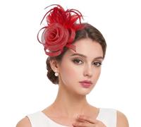 Bibi pour femme, bandeau fleur en maille avec clip, accessoire de cheveux vintage pour mariage, Ascot, cocktail, thé, église, mariée, femme (rouge)