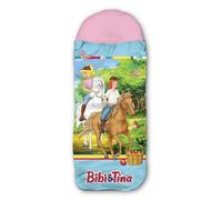 Bibi und Tina Sac de couchage pour enfant - Amis bleu/rose - 140 cm + 30 cm (capuche) x 70 cm - Pour extérieur/intérieur, sac de couchage momie pour fille, chevaux Sabrina & Amadeus, sac de couchage