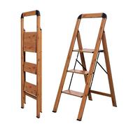 BIBKOKE Escabeau Pliable à 3 marches en Aluminium avec Finition Grain de Bois et pédales Larges, antidérapant, Portable, Robuste pour la Maison et la Cuisine, Le Bureau, 150 kg