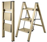 BIBKOKE Escabeau Pliable à 3 marches en Aluminium, Finition Or Champagne, trépied antidérapant, Portable, Robuste pour la Maison et la Cuisine, Le Bureau, 150 kg