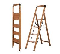 BIBKOKE Escabeau Pliable à 4 marches en Aluminium avec Finition Grain de Bois et pédales Larges, antidérapant, Portable, Robuste pour la Maison et la Cuisine, Le Bureau, 150 kg