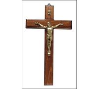 Biblegifts Crucifix 22,9 cm ou 27,9 cm sur une croix en bois à suspendre Symbole religieux chrétien culte en bois foncé et laiton dans une boîte cadeau (22,9 cm)