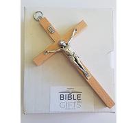 Biblegifts Crucifix mural à suspendre en bois de hêtre avec figurine Corpus Christ Petite taille 12 cm de haut Anneau en métal pour accrocher