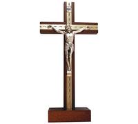 Biblegifts Crucifix sur pied en bois foncé 24 cm avec incrustation en métal Motif corpus Christi Croix de Jésus Idéal pour les religieuses, moines, pasteurs, vicaires ou ministres Livré dans une boîte
