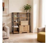 Bibliothèque 80 x 35 x 97 cm en MDF E1 chêne clair 4 étagères ouvertes et meuble bas 2 portes