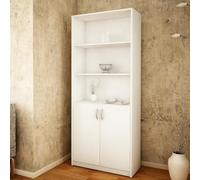 Bibliothèque à 5 niveaux et 2 portes, armoire polyvalente, armoire de ménage, classeur, étagère de 74 cm de large, étagère sur pied avec 4 étagères, idéale pour chambre, salon, couloir blanc
