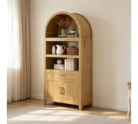 Bibliothèque à Arc avec Rangements, Meuble Incurvé Style Mid-Century Moderne à 5 Étages avec Porte, Étagère Ouverte pour Bureau ou Salon, Couleur Naturelle (Modèle 1)