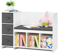 Bibliothèque avec coussin d'assise - Étagère pour enfants Banc avec 6 compartiments - Banc de rangement blanc pour chambre d'enfant