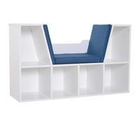 Bibliothèque banc 2 en 1 design contemporain 6 casiers 3 coussins fournis 102L x 30l x 61H cm blanc bleu Bleu