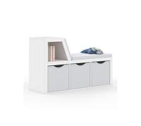 IDMarket Bibliothèque-banc OSCAR 4 cases avec coussins gris et bacs tissus 102 cm blanc
