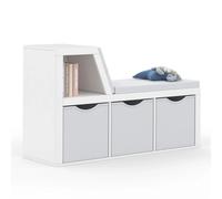 IDMarket Bibliothèque-banc OSCAR 4 cases avec coussins gris et bacs tissus 102 cm blanc