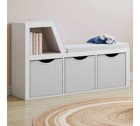 Bibliothèque Banc Oscar 4 Cases Avec Coussins Gris Et Bacs Tissus 102 Cm Blanc Blanc