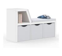 IDMarket - Bibliothèque Banc Oscar 4 Cases avec Coussins Gris et bacs Tissus 102 cm Blanc