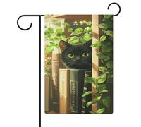 Bibliothèque Bibliothèque Plantes Vertes Chat Noir Drapeau de Jardin Vacances Saisonnières Toile de jute Double Face Maison Cour Drapeaux Extérieur 30,5 x 45,7 cm