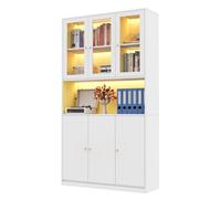 Bibliothèque blanc - Portes vitrées & éclairage LED - Étagère ouverte + 3 portes vitrées - Rangement pour livres et dossiers
