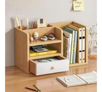 Bibliothèque Bureau En Bois À 2 Niveaux, Étagère Rangement Bureau Ouverte Avec Tiroirs, Pour Bureaux D'ordinateur, Présentoir Coiffeuse Clapier De Bureaux De Dortoir(Natural,40*17*25cm/16*7*10in)