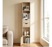 Bibliothèque colonne 30x24x158 cm meuble de rangement avec 3 compartiments ouverts 2 tiroirs et 1 casier Chêne Clair