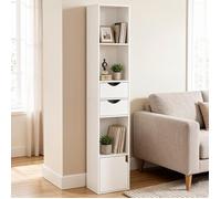 Bibliothèque colonne 30x24x158 cm meuble de rangement avec 3 compartiments ouverts 2 tiroirs et 1 casier étagère réglable Blanc