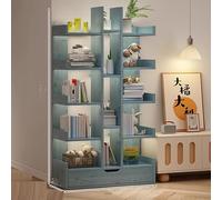 Bibliothèque d'angle bleue élégante avec tiroirs privés, support arrière robuste et étagères de rangement, vitrine idéale pour la décoration de la maison et du bureau (A15)