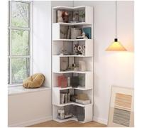 Bibliothèque d'angle de 8 niveaux beige avec déflecteurs, rack de stockage d'économies d'espace pour les petites pièces, organisateur d'étagère en bois robuste pour le salon Bureau Chambre à coucher P