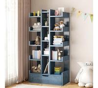 Bibliothèque d'angle de grande capacité avec motif d'arbre créatif, support arrière robuste, accès facile, étagères ouvertes idéales pour la maison et le bureau (bleu B15)