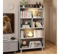Bibliothèque d'angle haute en bois ouvert avec déflecteur latéral - Étagères de présentation épaisses - Élégante - Gris - Économie d'espace - Petite bibliothèque pour chambre à coucher ou salon (83,1