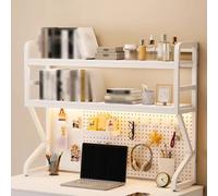 Bibliothèque de bureau à 2 niveaux avec panneau perforé - Étagère de rangement multifonction pour dortoir, bureau d'ordinateur, bibliothèque blanche, 115 cm - Idéale pour ranger des livres et des