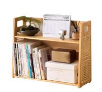 Bibliothèque de bureau à 2 niveaux en bambou robuste avec panneaux latéraux en rotin pour bureau, maison et dortoir, solution de rangement de 50 cm, beige élégant