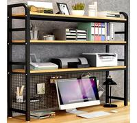 Bibliothèque de bureau à 3 niveaux multifonction en bois avec grille de rangement pour bureau ou cuisine, noir, 190 x 61 cm