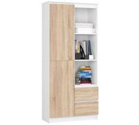 Bibliothèque de bureau AKORD R11 Blanche 80 cm 1 porte 2 tiroirs façade Chêne Sonoma 7 étagères 80x35x180 cm